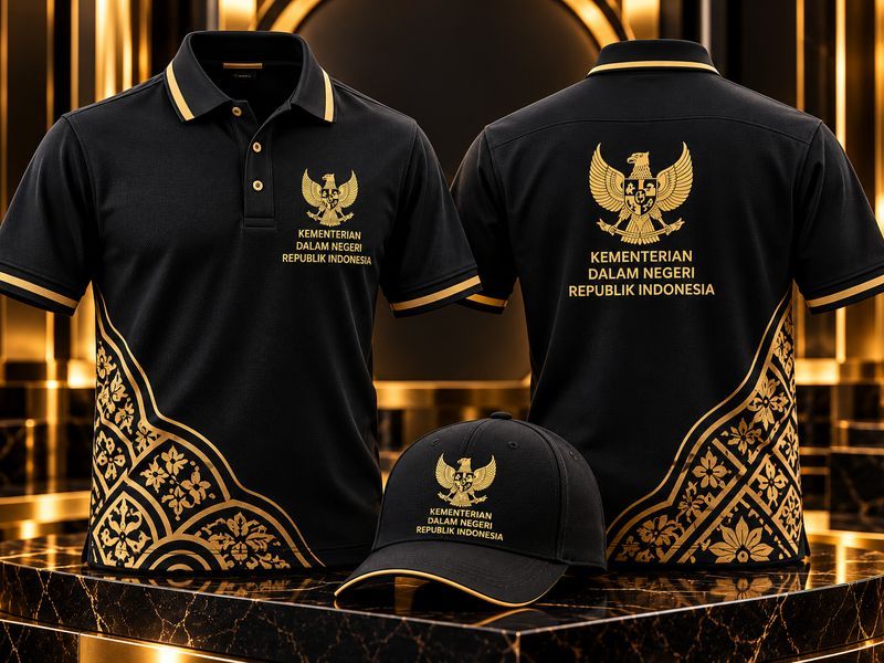Polo shirt dan topi hitam bermotif batik emas dengan logo Kementerian Dalam Negeri