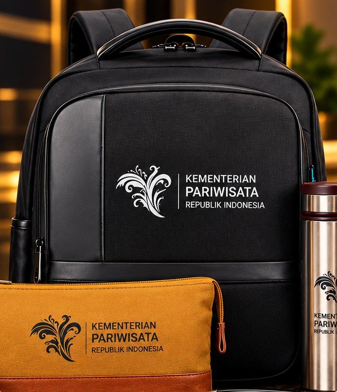 Tas ransel hitam premium dengan logo instansi, isi Paket Eksklusif