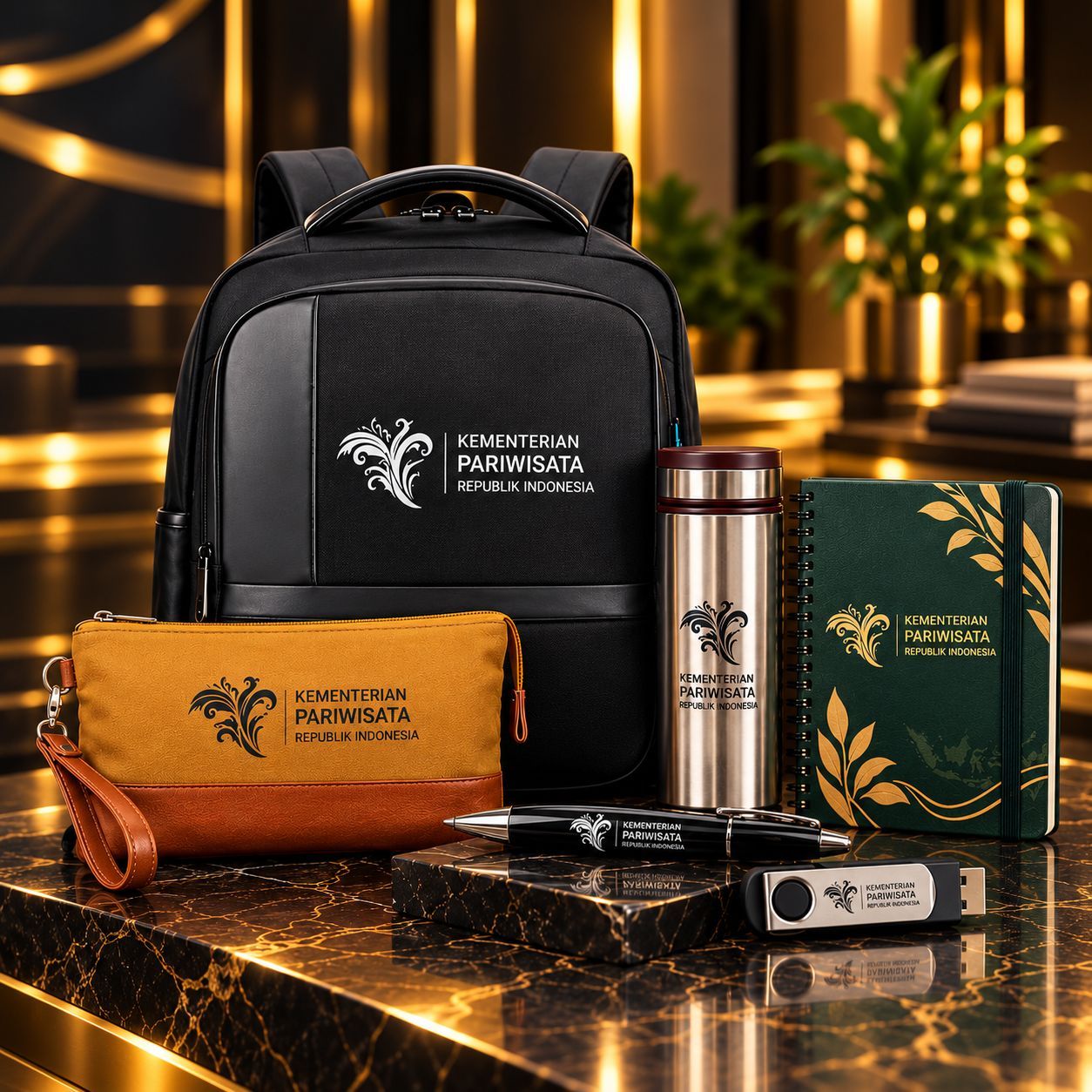 Paket Eksklusif: ransel hitam, pouch, notebook hijau, tumbler stainless, pulpen, dan USB berlogo instansi