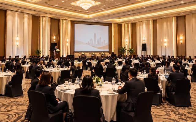 Ballroom event perusahaan dengan meja bundar dan para tamu berbusana formal