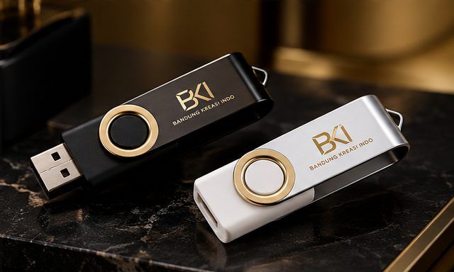 Flashdisk putar hitam dan putih dengan logo emas BKi, isi Gift Box