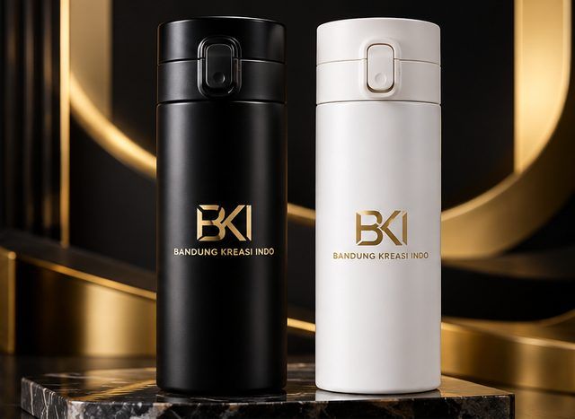 Tumbler hitam dan putih bertutup flip dengan logo emas BKi, isi Gift Box