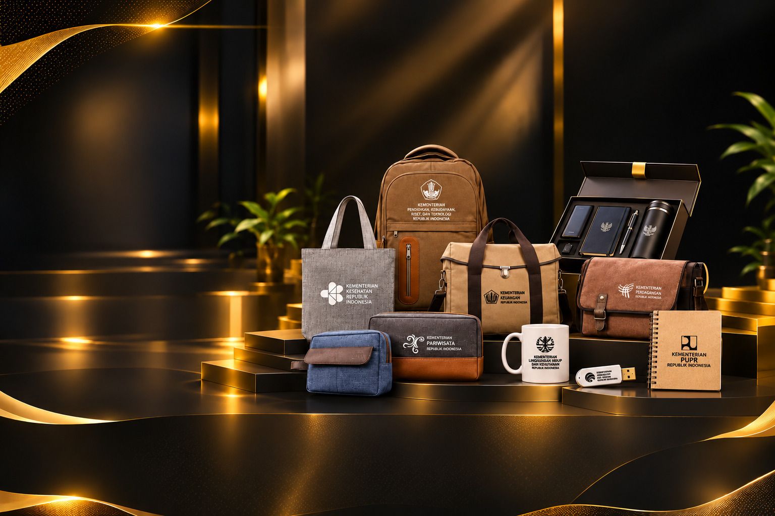 Ransel, tote bag, tas laptop, pouch, mug, notebook, dan flashdisk berlogo instansi di atas podium hitam-emas