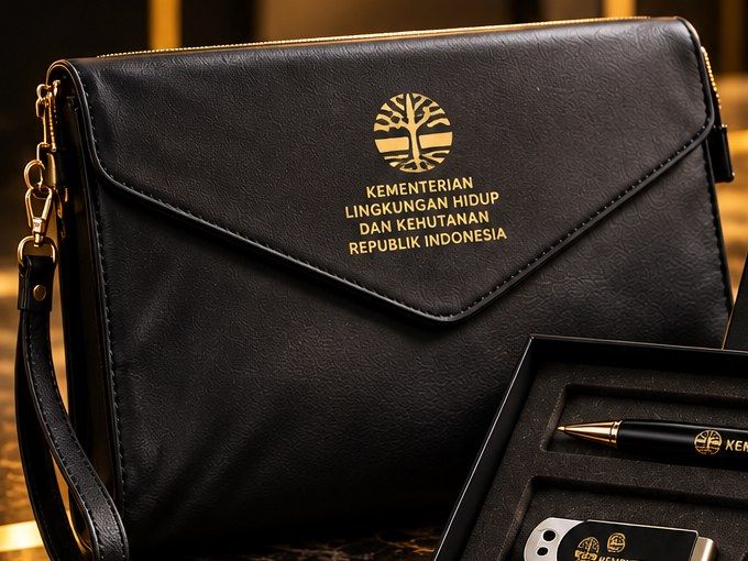 Pouch kulit sintetis hitam dengan logo emas, isi Paket Medium