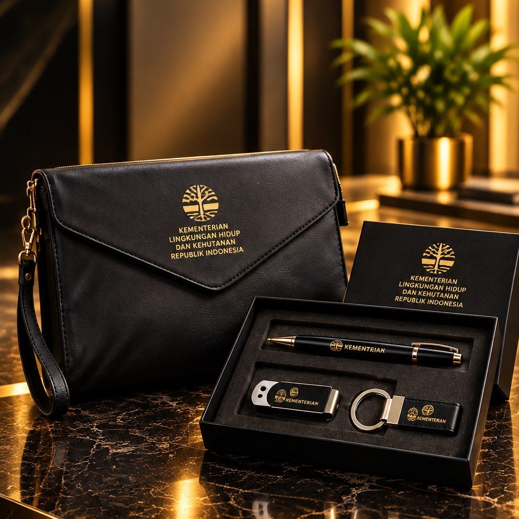 Paket Medium: pouch kulit hitam, pulpen metal, USB flash drive, dan gantungan kunci berlogo emas instansi