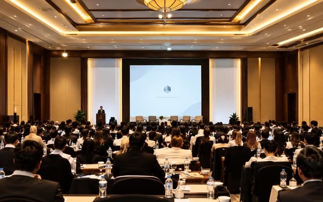 Peserta seminar di aula hotel menghadap layar dan podium pembicara