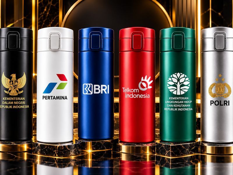 Enam tumbler stainless warna-warni dengan logo Kemendagri, Pertamina, BRI, Telkom, KLHK, dan Polri